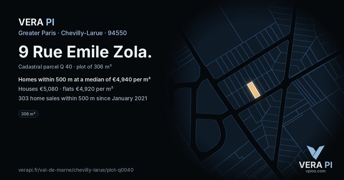 9 Rue Emile Zola, Chevilly-Larue at night – the plot lit, the parcels around coloured by the prices near them