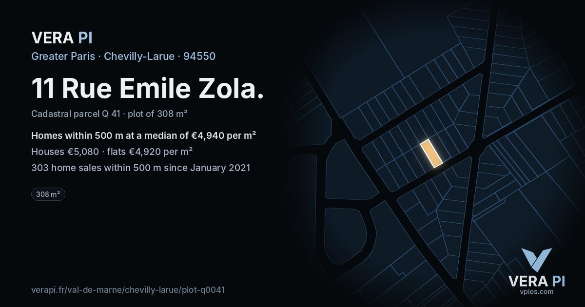 11 Rue Emile Zola, Chevilly-Larue at night – the plot lit, the parcels around coloured by the prices near them