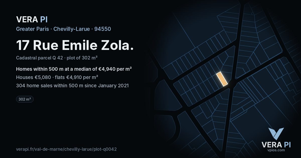 17 Rue Emile Zola, Chevilly-Larue at night – the plot lit, the parcels around coloured by the prices near them