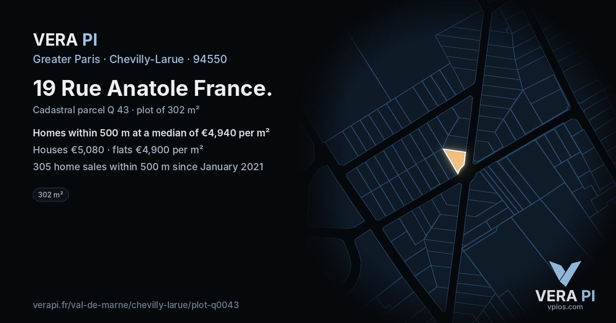 19 Rue Anatole France, Chevilly-Larue at night – the plot lit, the parcels around coloured by the prices near them