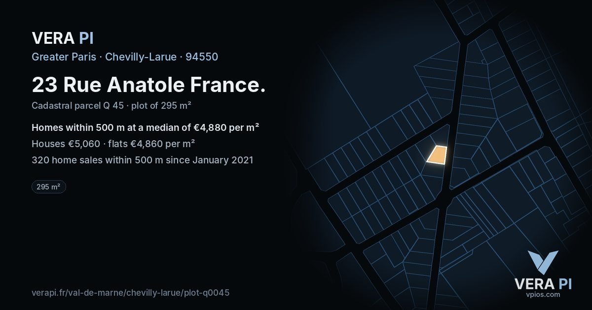 23 Rue Anatole France, Chevilly-Larue at night – the plot lit, the parcels around coloured by the prices near them