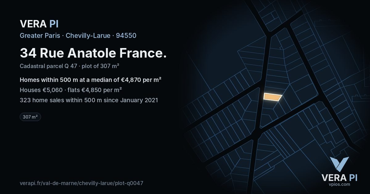 34 Rue Anatole France, Chevilly-Larue at night – the plot lit, the parcels around coloured by the prices near them