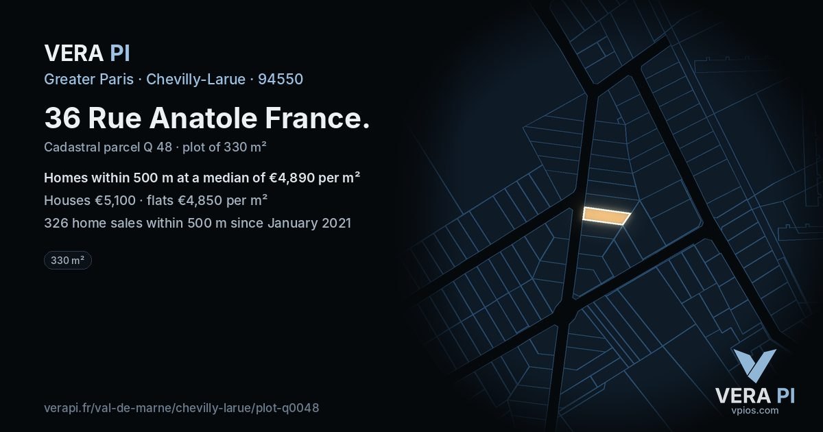 36 Rue Anatole France, Chevilly-Larue at night – the plot lit, the parcels around coloured by the prices near them