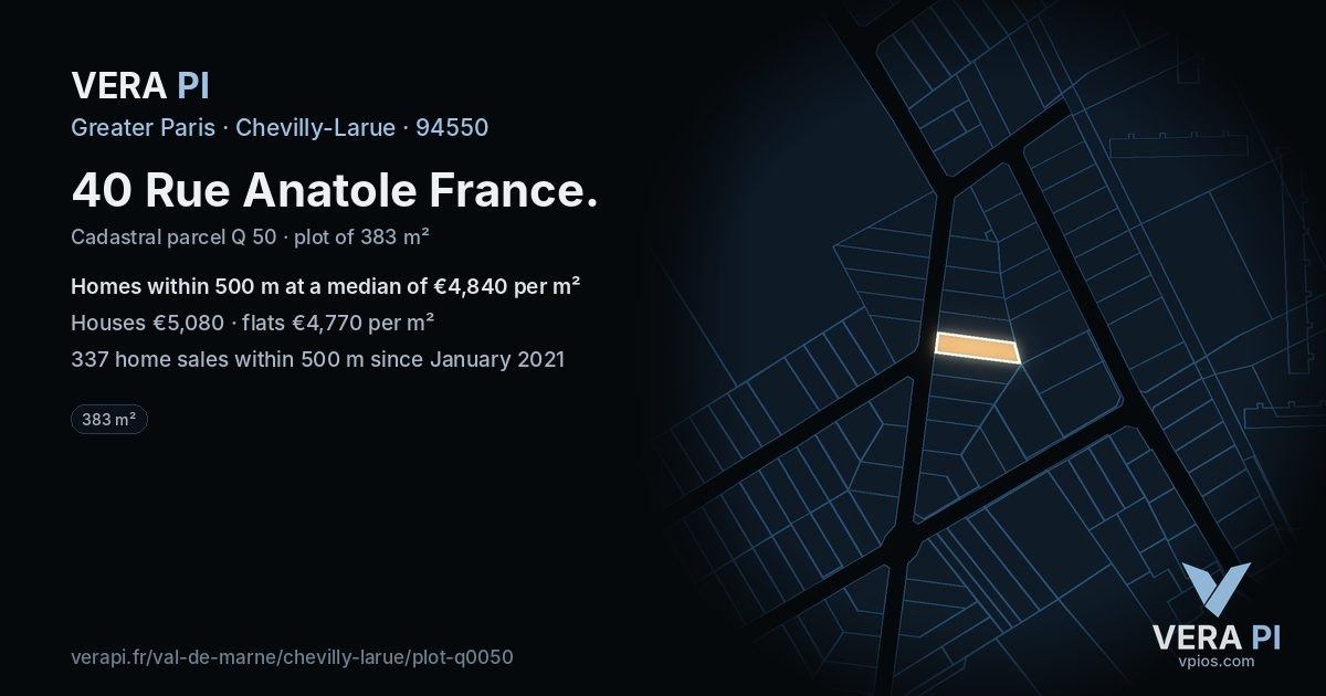 40 Rue Anatole France, Chevilly-Larue at night – the plot lit, the parcels around coloured by the prices near them