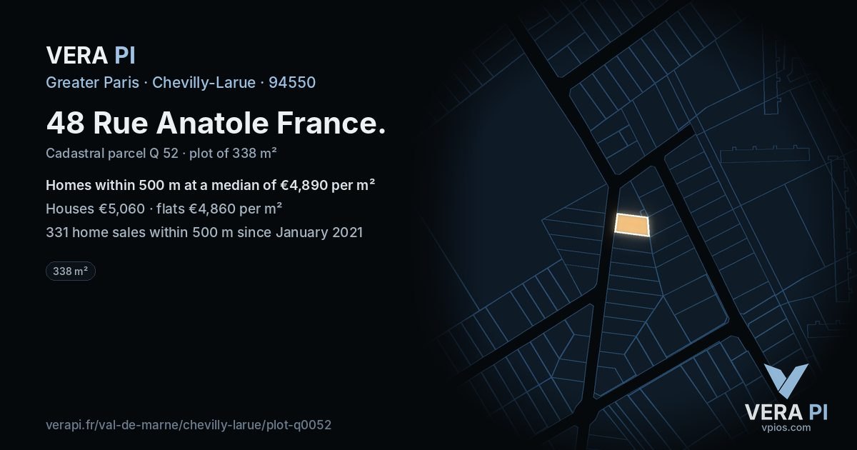 48 Rue Anatole France, Chevilly-Larue at night – the plot lit, the parcels around coloured by the prices near them