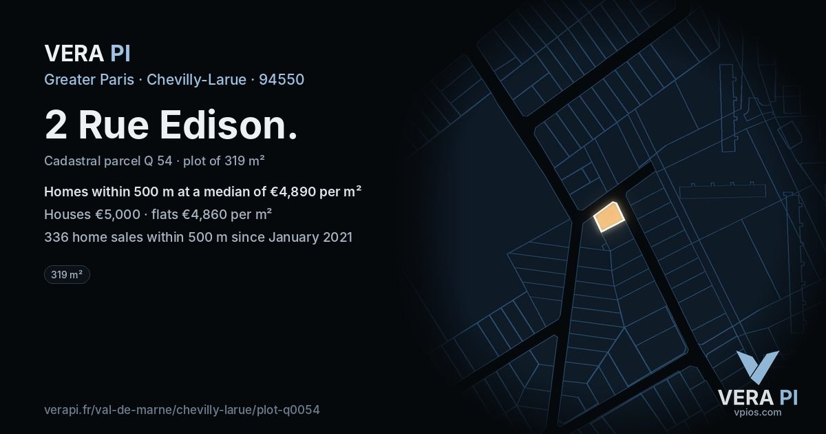 2 Rue Edison, Chevilly-Larue at night – the plot lit, the parcels around coloured by the prices near them