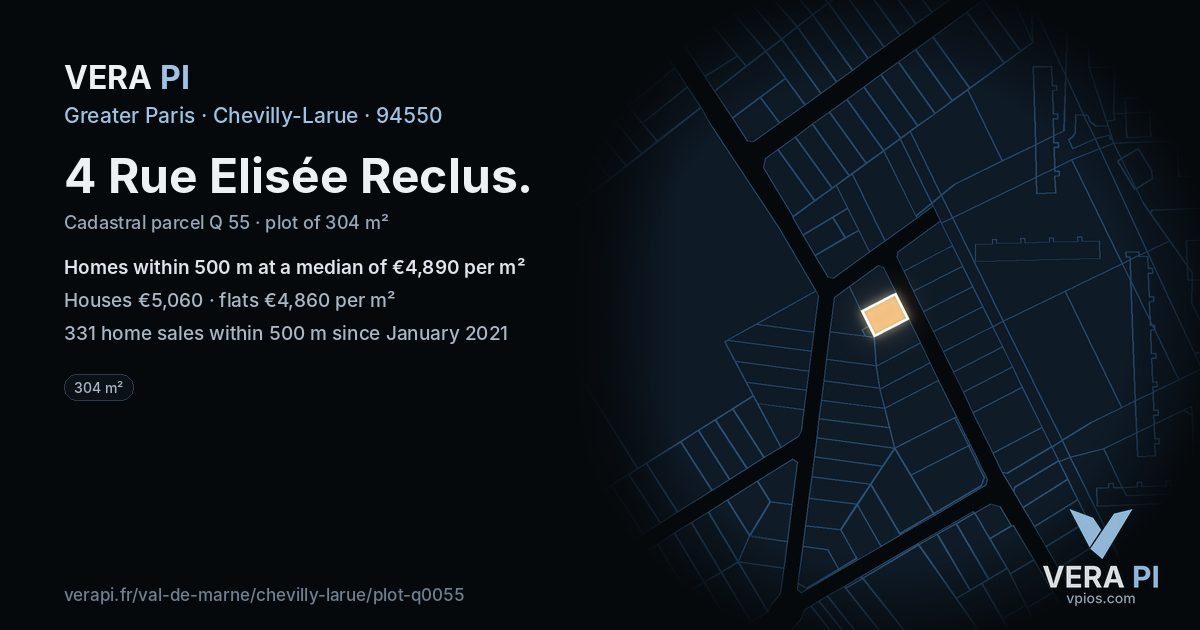 4 Rue Elisée Reclus, Chevilly-Larue at night – the plot lit, the parcels around coloured by the prices near them