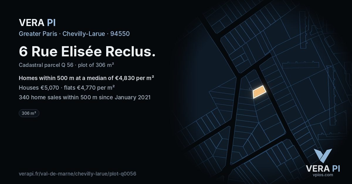 6 Rue Elisée Reclus, Chevilly-Larue at night – the plot lit, the parcels around coloured by the prices near them