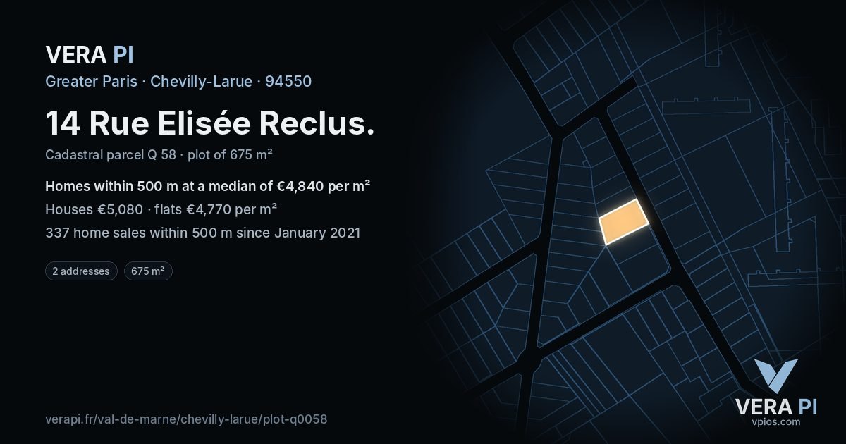 14 Rue Elisée Reclus, Chevilly-Larue at night – the plot lit, the parcels around coloured by the prices near them