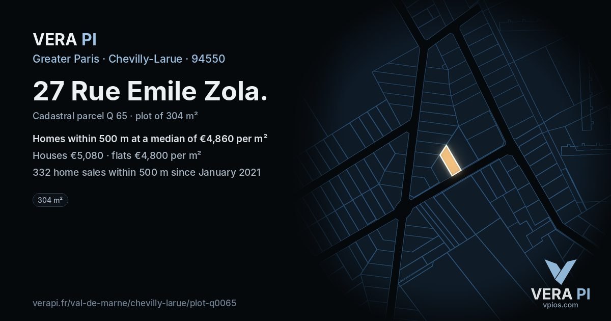 27 Rue Emile Zola, Chevilly-Larue at night – the plot lit, the parcels around coloured by the prices near them