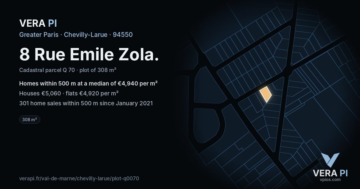 8 Rue Emile Zola, Chevilly-Larue at night – the plot lit, the parcels around coloured by the prices near them