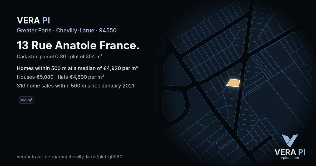 13 Rue Anatole France, Chevilly-Larue at night – the plot lit, the parcels around coloured by the prices near them