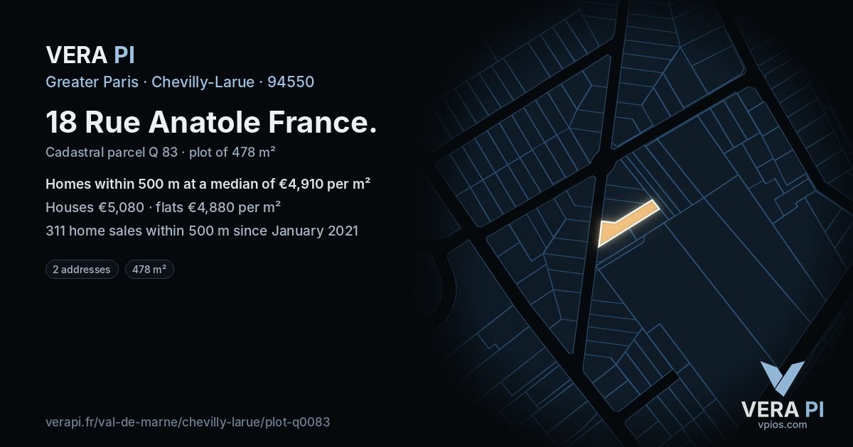 18 Rue Anatole France, Chevilly-Larue at night – the plot lit, the parcels around coloured by the prices near them