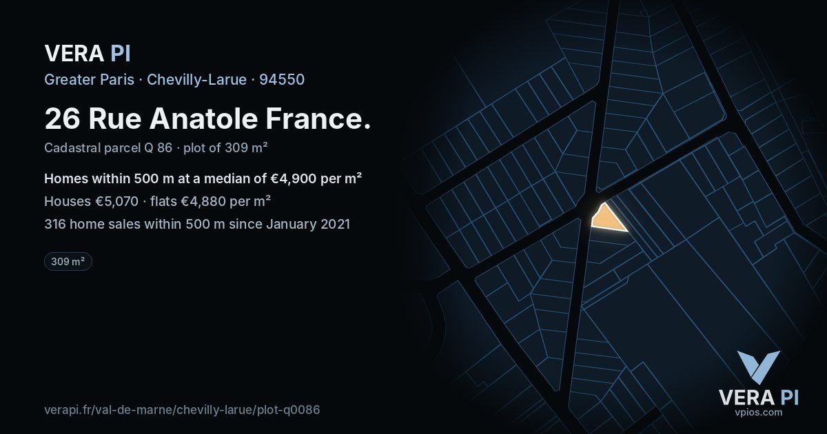 26 Rue Anatole France, Chevilly-Larue at night – the plot lit, the parcels around coloured by the prices near them