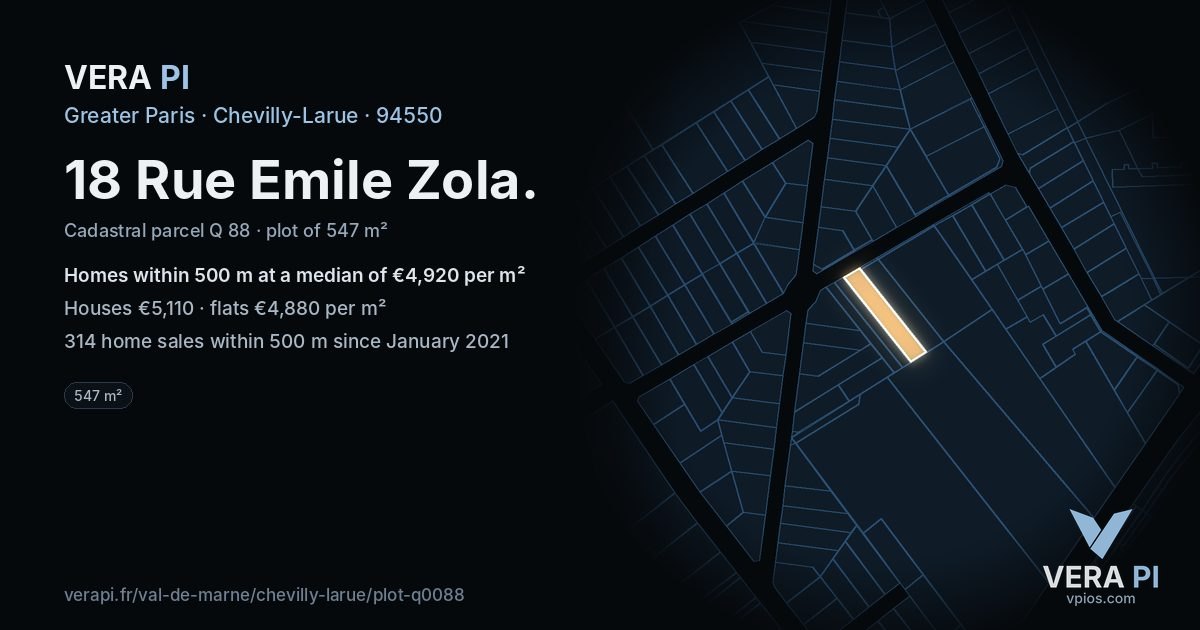 18 Rue Emile Zola, Chevilly-Larue at night – the plot lit, the parcels around coloured by the prices near them