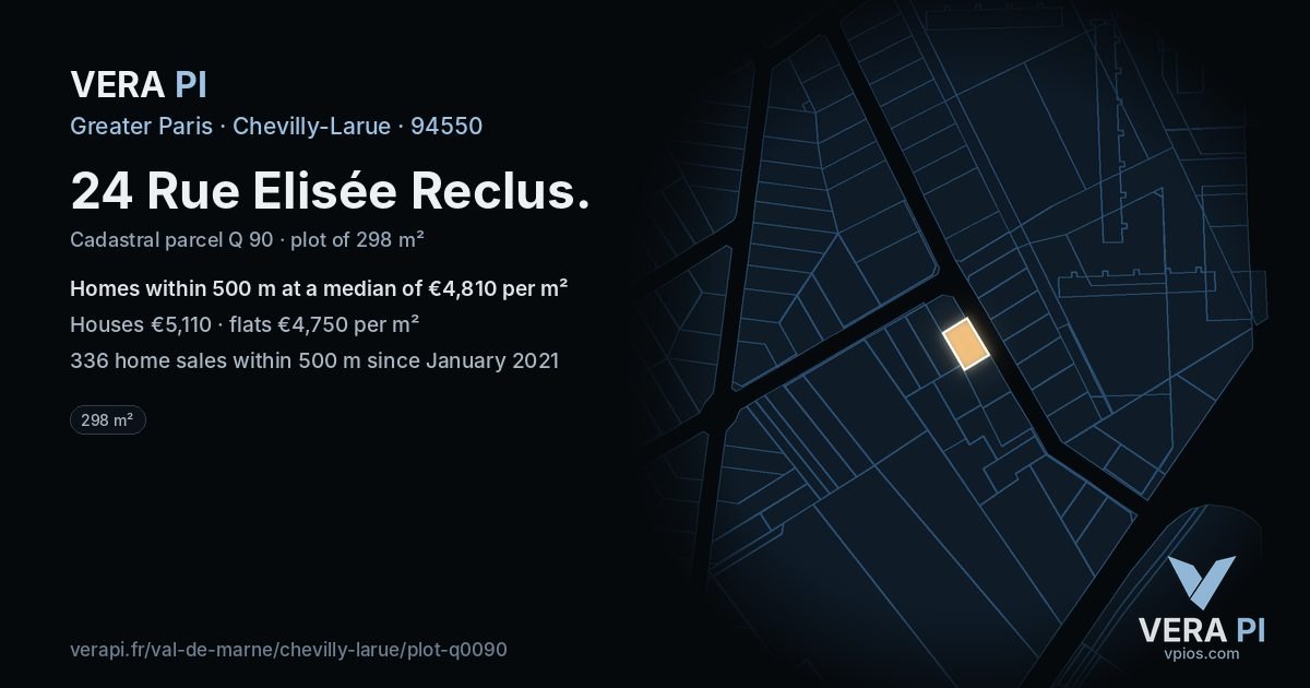 24 Rue Elisée Reclus, Chevilly-Larue at night – the plot lit, the parcels around coloured by the prices near them