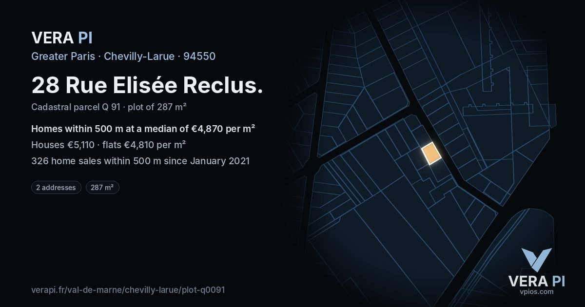 28 Rue Elisée Reclus, Chevilly-Larue at night – the plot lit, the parcels around coloured by the prices near them
