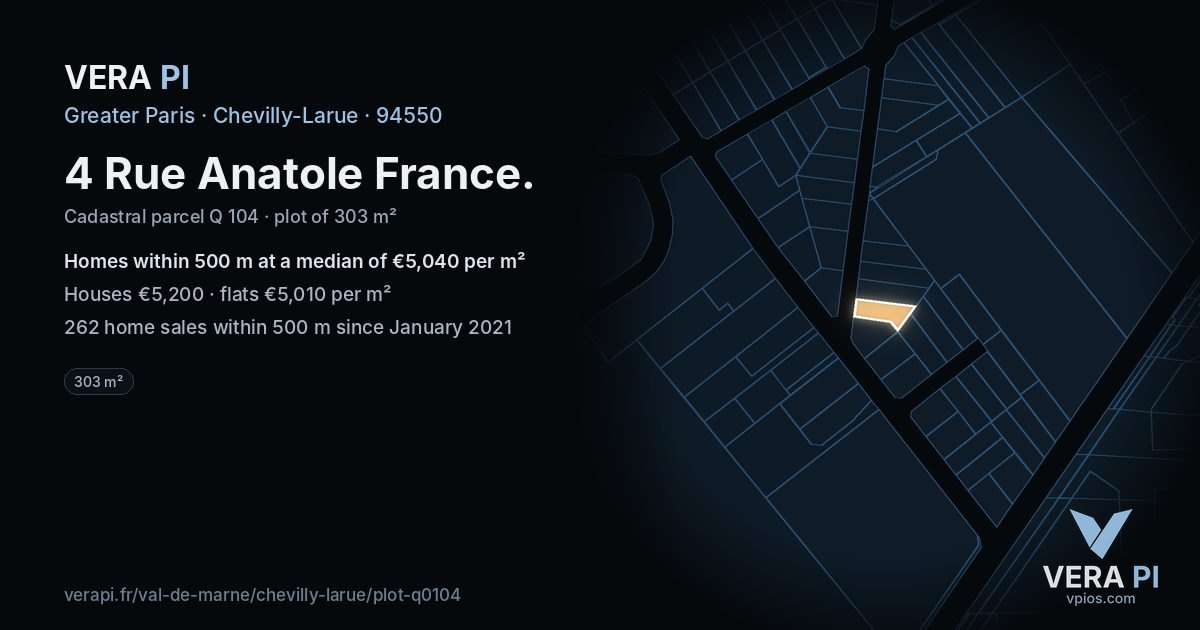 4 Rue Anatole France, Chevilly-Larue at night – the plot lit, the parcels around coloured by the prices near them