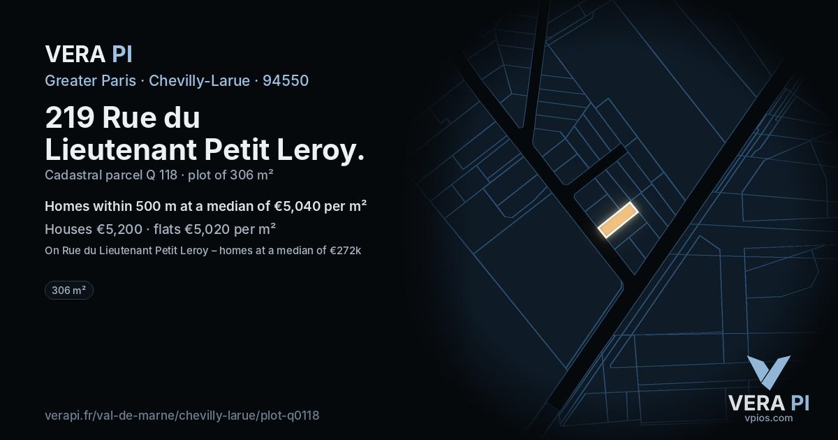 219 Rue du Lieutenant Petit Leroy, Chevilly-Larue at night – the plot lit, the parcels around coloured by the prices near them