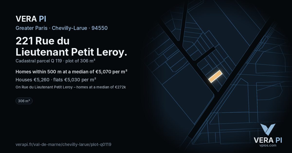 221 Rue du Lieutenant Petit Leroy, Chevilly-Larue at night – the plot lit, the parcels around coloured by the prices near them