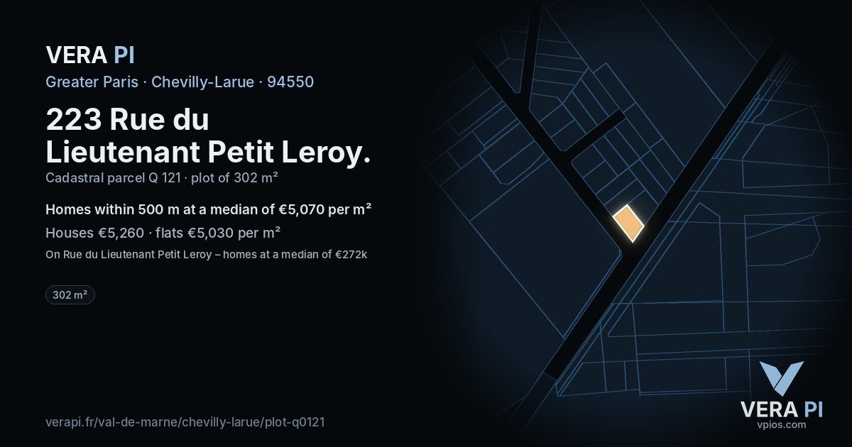 223 Rue du Lieutenant Petit Leroy, Chevilly-Larue at night – the plot lit, the parcels around coloured by the prices near them