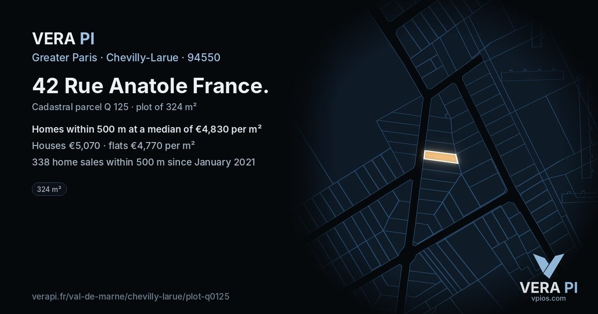 42 Rue Anatole France, Chevilly-Larue at night – the plot lit, the parcels around coloured by the prices near them