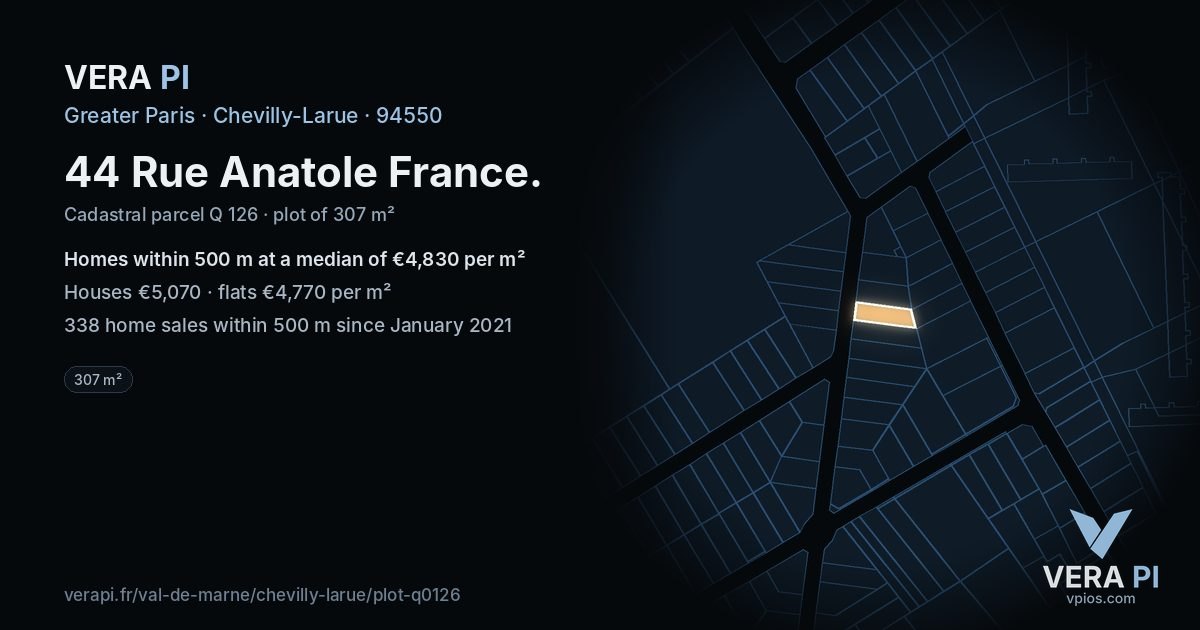 44 Rue Anatole France, Chevilly-Larue at night – the plot lit, the parcels around coloured by the prices near them