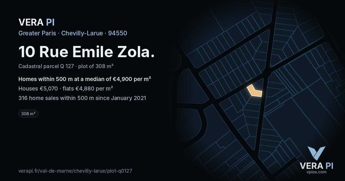 10 Rue Emile Zola, Chevilly-Larue at night – the plot lit, the parcels around coloured by the prices near them