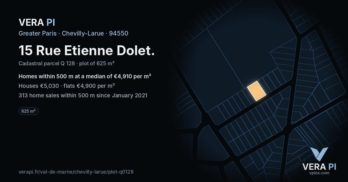 15 Rue Etienne Dolet, Chevilly-Larue at night – the plot lit, the parcels around coloured by the prices near them