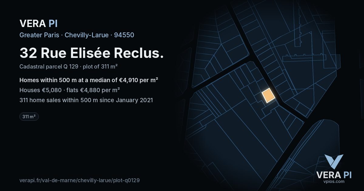 32 Rue Elisée Reclus, Chevilly-Larue at night – the plot lit, the parcels around coloured by the prices near them