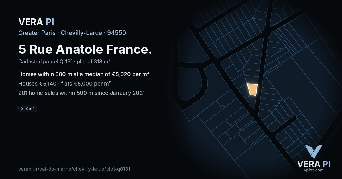 5 Rue Anatole France, Chevilly-Larue at night – the plot lit, the parcels around coloured by the prices near them