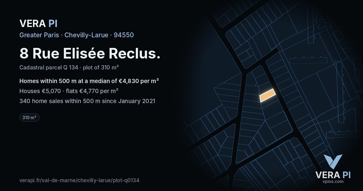 8 Rue Elisée Reclus, Chevilly-Larue at night – the plot lit, the parcels around coloured by the prices near them