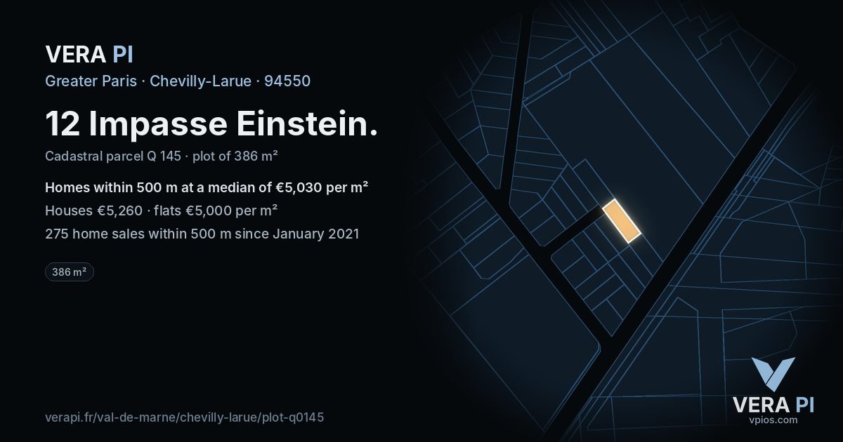 12 Impasse Einstein, Chevilly-Larue at night – the plot lit, the parcels around coloured by the prices near them