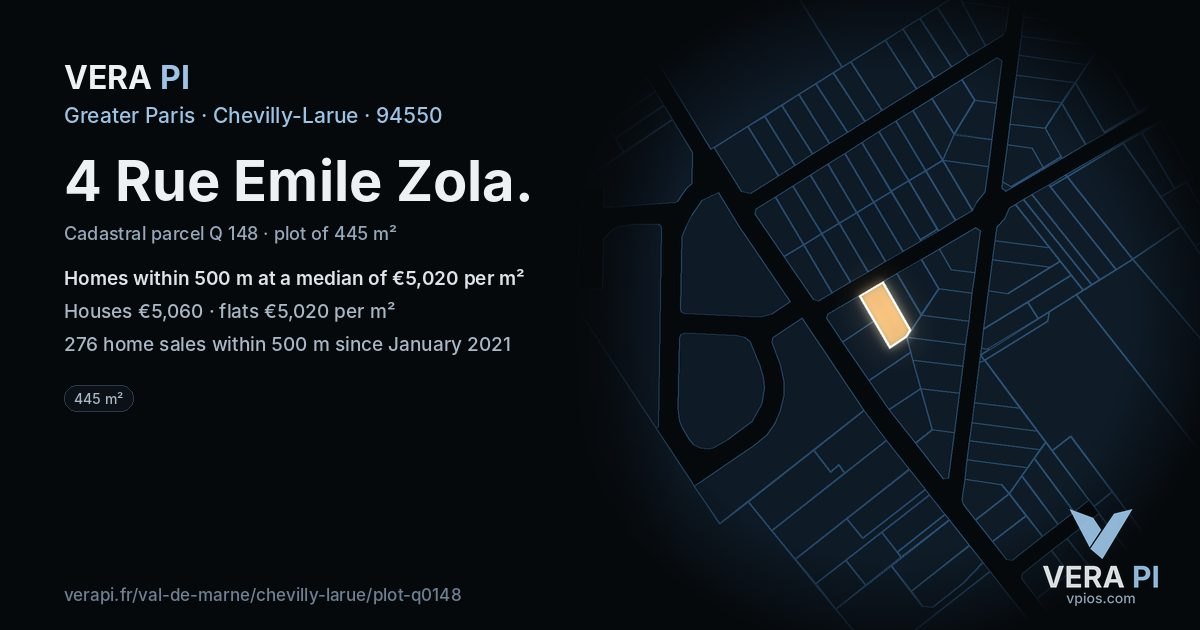 4 Rue Emile Zola, Chevilly-Larue at night – the plot lit, the parcels around coloured by the prices near them