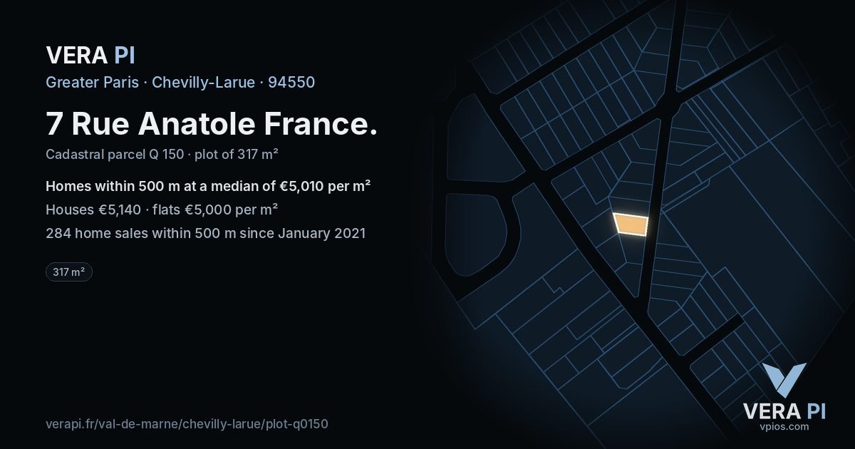 7 Rue Anatole France, Chevilly-Larue at night – the plot lit, the parcels around coloured by the prices near them