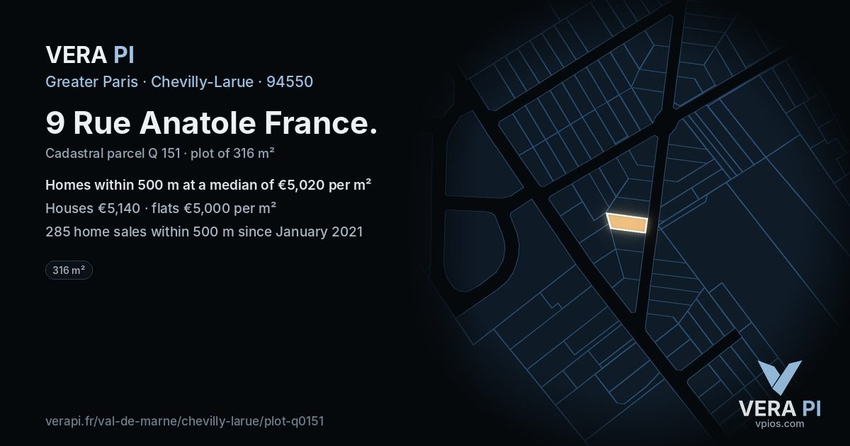 9 Rue Anatole France, Chevilly-Larue at night – the plot lit, the parcels around coloured by the prices near them