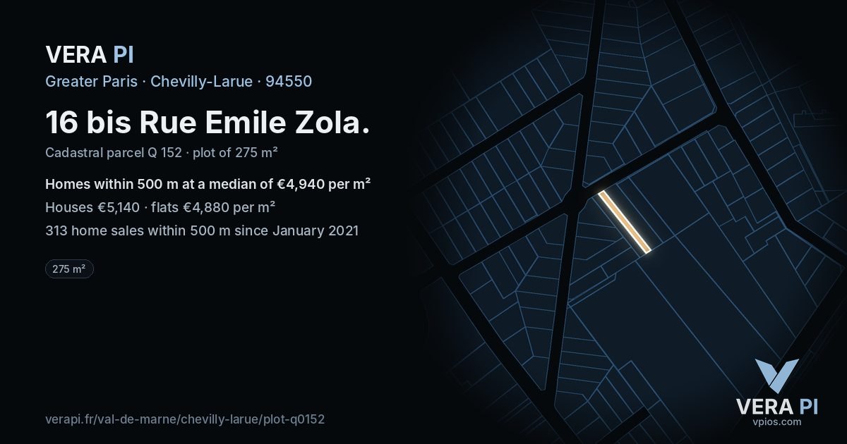 16 bis Rue Emile Zola, Chevilly-Larue at night – the plot lit, the parcels around coloured by the prices near them