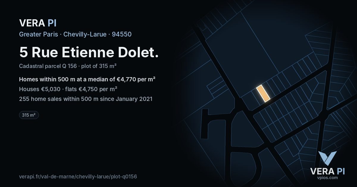 5 Rue Etienne Dolet, Chevilly-Larue at night – the plot lit, the parcels around coloured by the prices near them