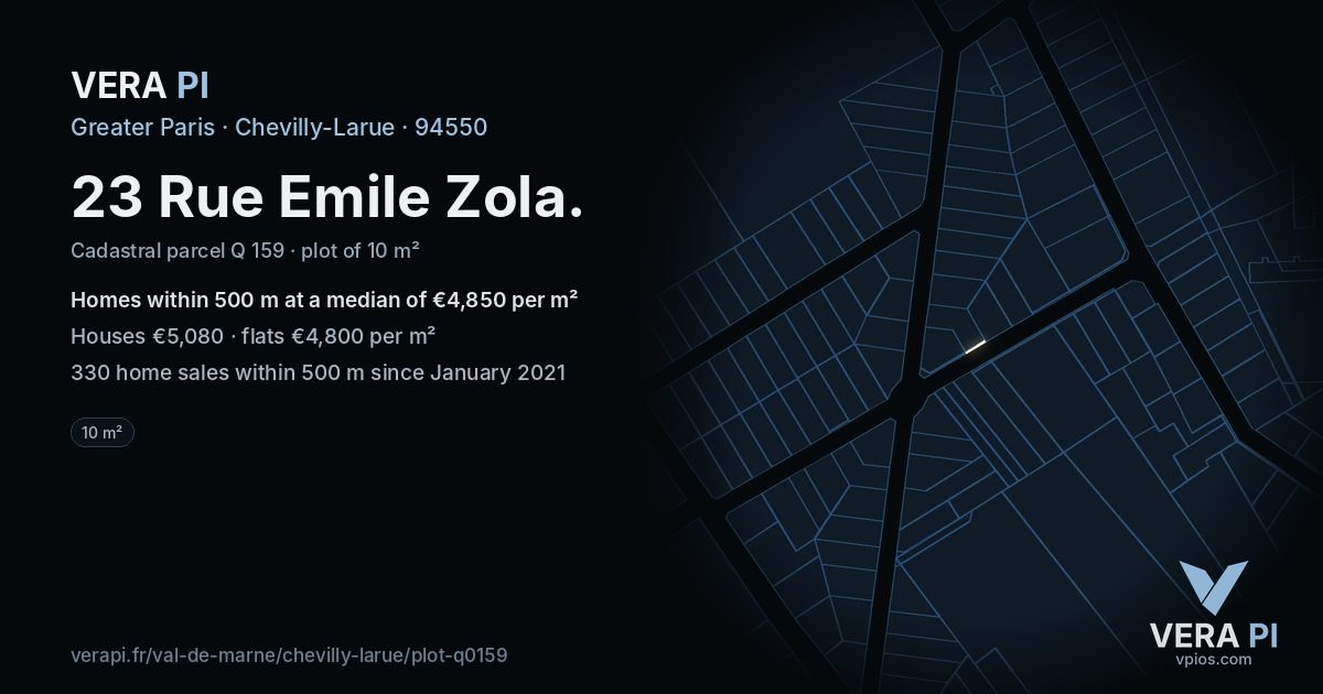 23 Rue Emile Zola, Chevilly-Larue at night – the plot lit, the parcels around coloured by the prices near them
