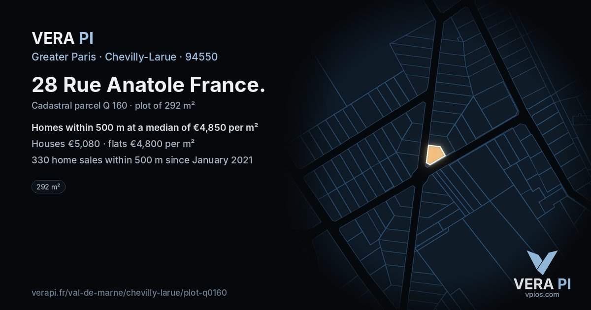 28 Rue Anatole France, Chevilly-Larue at night – the plot lit, the parcels around coloured by the prices near them