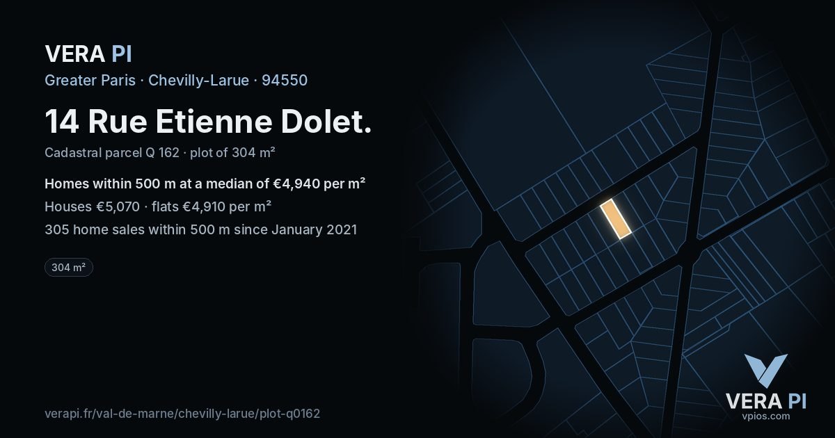 14 Rue Etienne Dolet, Chevilly-Larue at night – the plot lit, the parcels around coloured by the prices near them