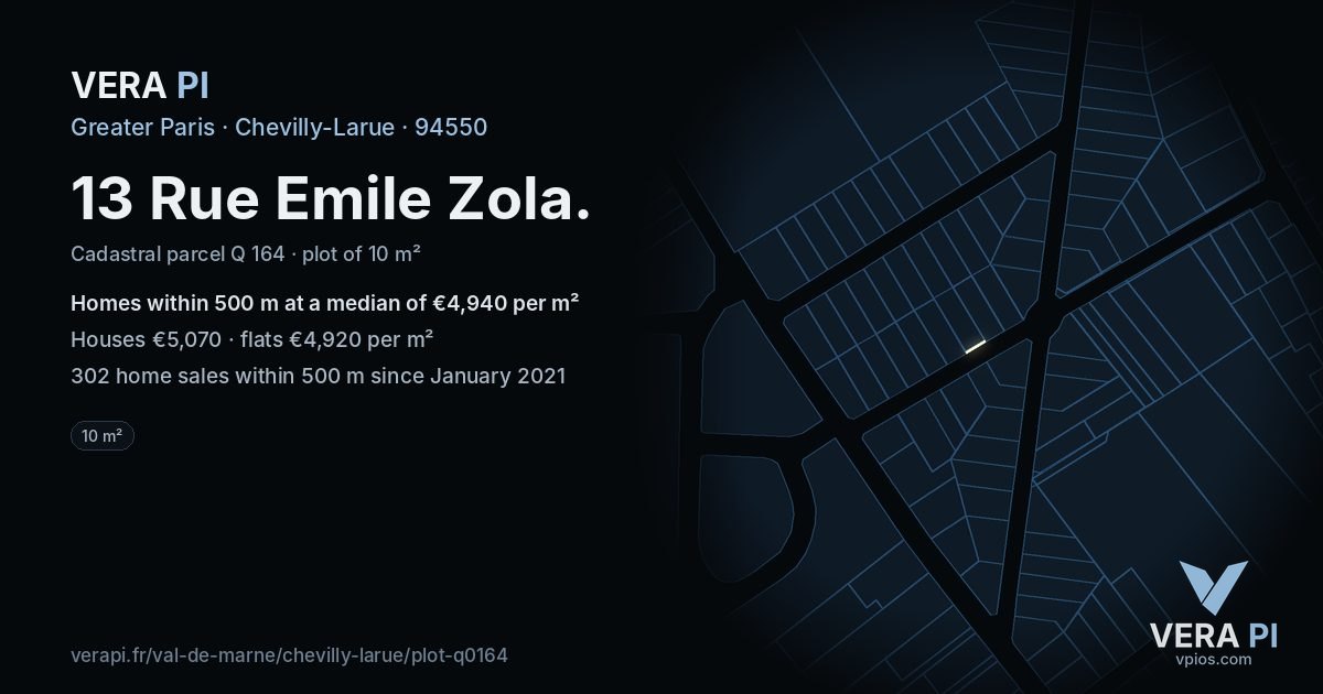 13 Rue Emile Zola, Chevilly-Larue at night – the plot lit, the parcels around coloured by the prices near them