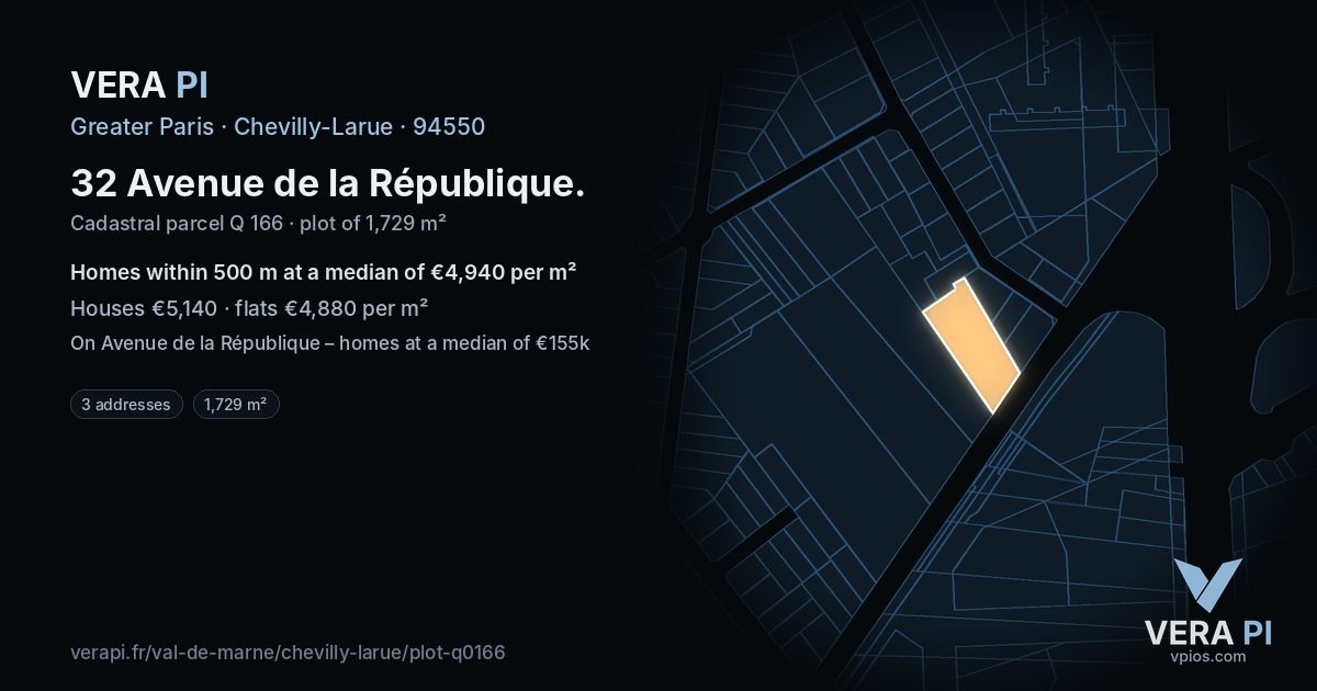32 Avenue de la République, Chevilly-Larue at night – the plot lit, the parcels around coloured by the prices near them