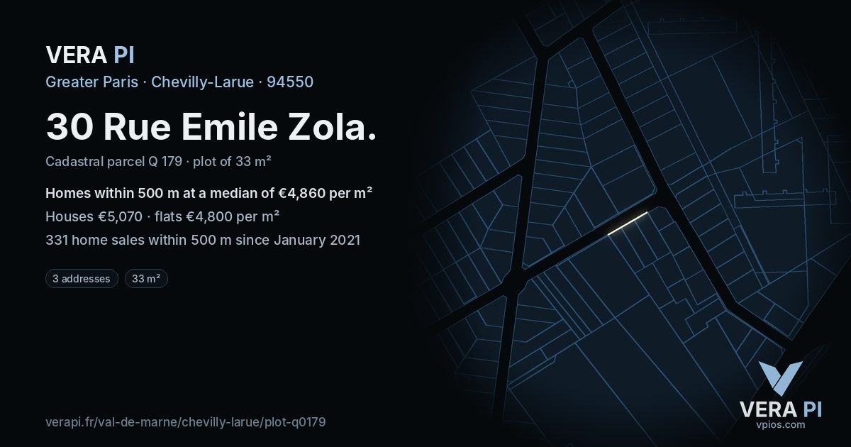 30 Rue Emile Zola, Chevilly-Larue at night – the plot lit, the parcels around coloured by the prices near them