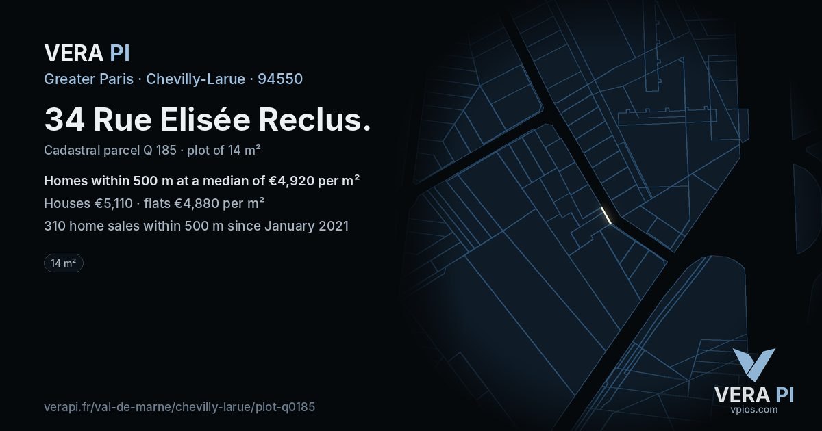 34 Rue Elisée Reclus, Chevilly-Larue at night – the plot lit, the parcels around coloured by the prices near them