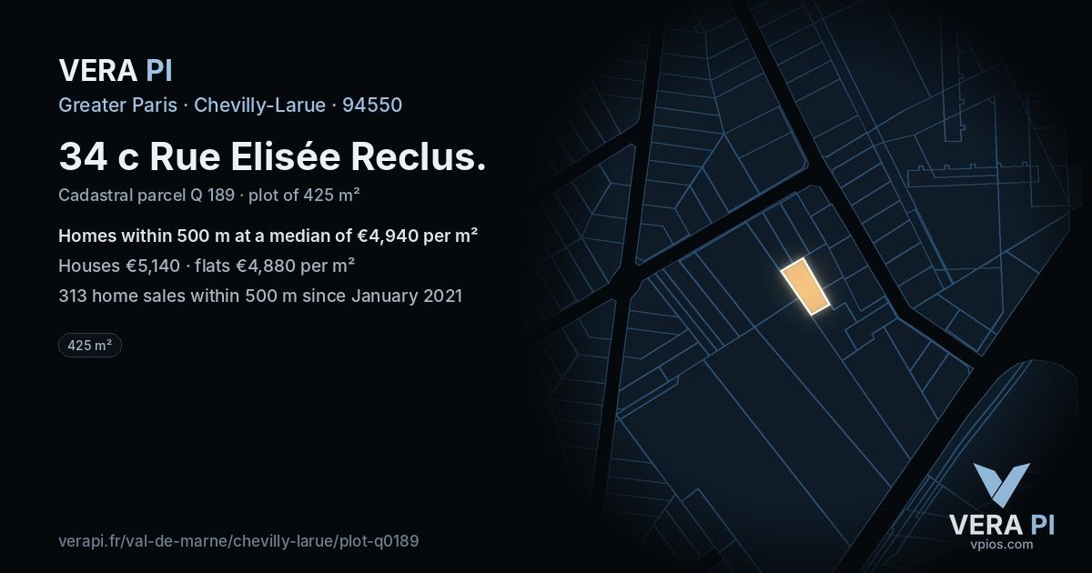 34 c Rue Elisée Reclus, Chevilly-Larue at night – the plot lit, the parcels around coloured by the prices near them