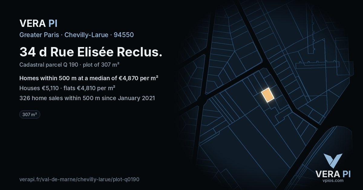 34 d Rue Elisée Reclus, Chevilly-Larue at night – the plot lit, the parcels around coloured by the prices near them
