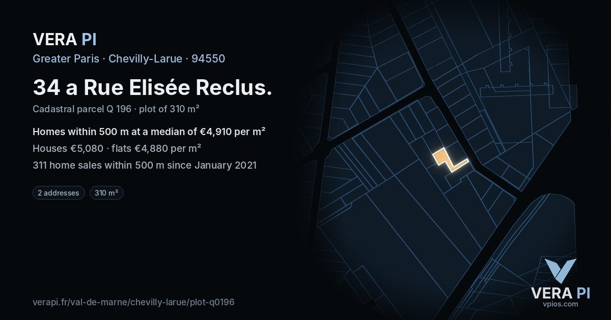 34 a Rue Elisée Reclus, Chevilly-Larue at night – the plot lit, the parcels around coloured by the prices near them