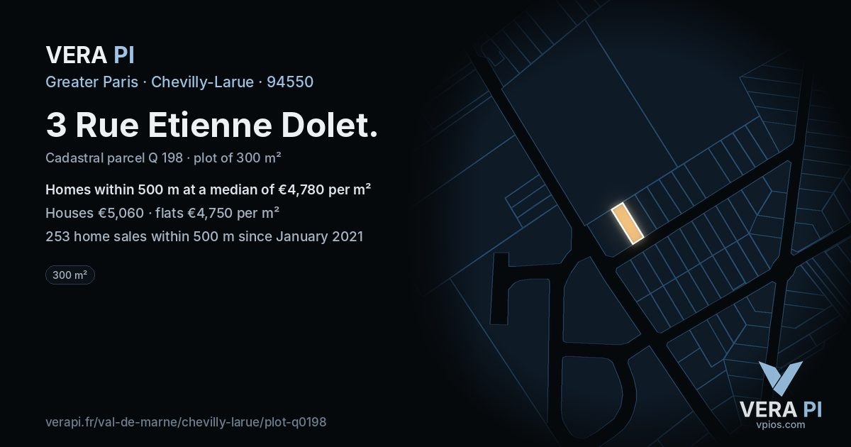 3 Rue Etienne Dolet, Chevilly-Larue at night – the plot lit, the parcels around coloured by the prices near them