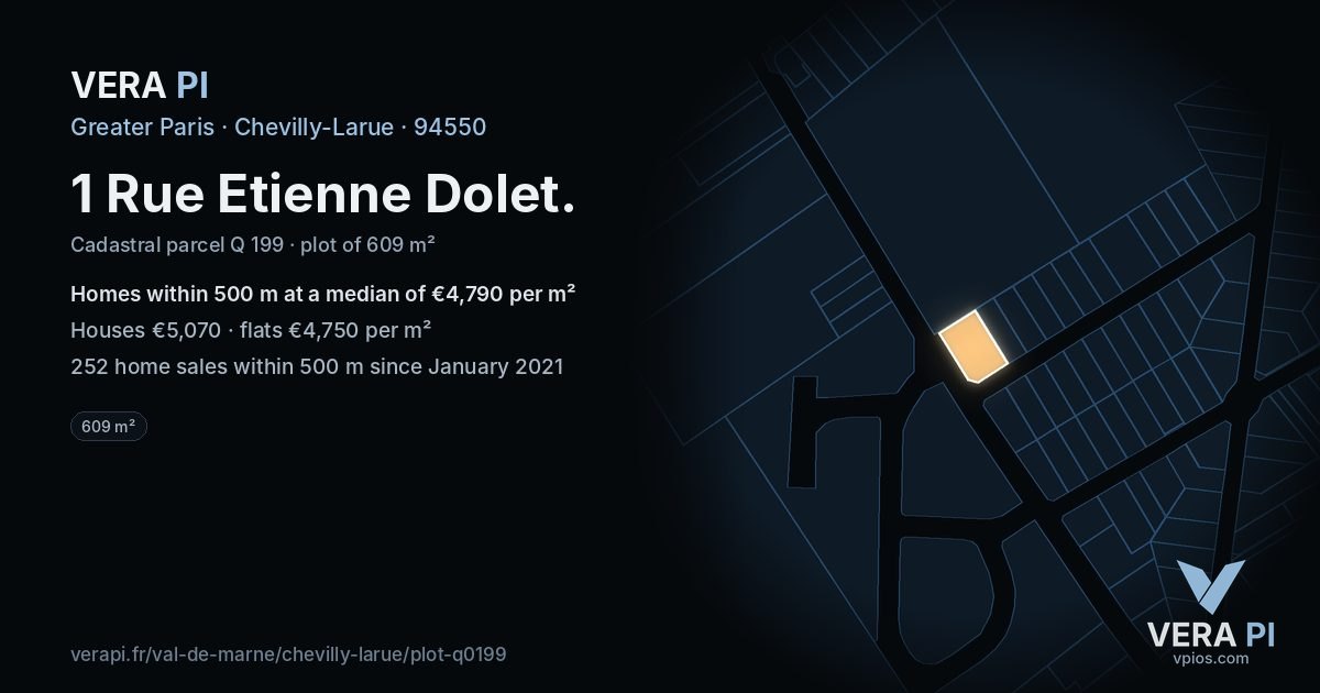 1 Rue Etienne Dolet, Chevilly-Larue at night – the plot lit, the parcels around coloured by the prices near them